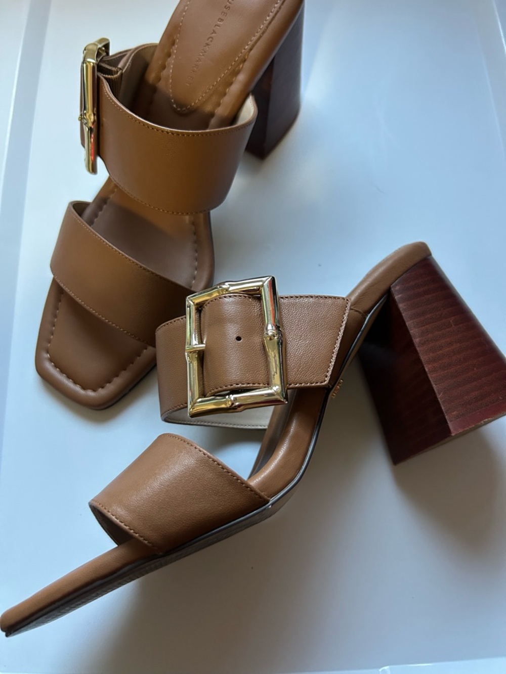 WhiteHouseBlackMarket brown double strap block heel sandals with goldtone buckle